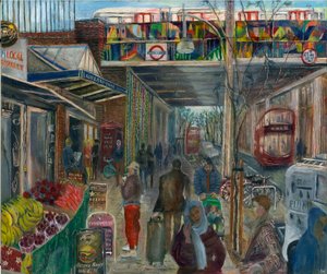 ロックダウン直前のラドブローク グローブ: 4、駅、2020 年 (船上に油) 作： Mary Kuper