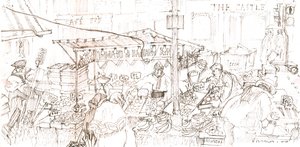 ポートベロー市場、2006年（ペンとインク） 作： Mary Kuper