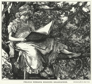 シェークスピアを読むフェリシア・ヘマンズ（版画 作： Mary L. Gow
