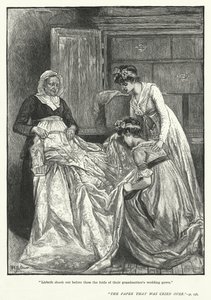 "リスベットは彼らの前で、祖母の結婚式のガウンのひだを揺らした。"(エングレーヴィング) 作： Mary L. Gow