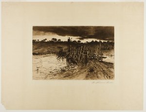 水車のある風景と木の橋 作： Mary Nimmo Moran