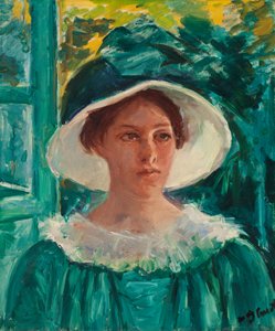 緑の若い女性、太陽の下で屋外 (若い女性の頭)、c. 1914年（キャンバスに油彩）