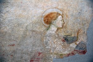 カスティリオーネの洗礼堂にあるマソリーノ・ダ・パニカーレのフレスコ画、受胎告知の細部
