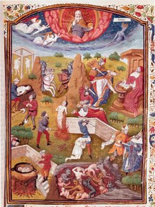 ボッカッチョの幻影：拷問、絞首刑、虐殺の場面 イタリアの作家、ジョヴァンニ・ボッカッチョ（ジャン・ボッカッチョ）（1313-1375）の「高貴な男性と不幸な女性の事例」（De casibus）から引用されたミニチュアで、ローラン・ド・プルミエフェが翻訳し、ティルマンが盛り上げている。
