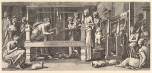 紡ぎ、織り、縫いをする女性たち（1540-50年
