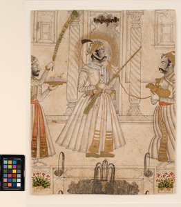 羊の形をした水ギセルを吸っているマハラナ アマール シン II、1705 年頃（紙に不透明な水彩と金） 作： Master Stipple