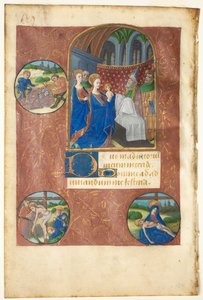 時間の書からの葉：くじの鋳造のラウンデルを備えた寺院でのプレゼンテーション...、c1460 作： Master of Adélaïde de Savoie
