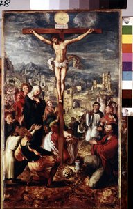 カルバリー（カルバリー）。 エルサレムの街を背景に、十字架につけられたキリストの周りの祈り。 十字架と聖霊の鳩の上に「I.N.R.I.」（INRI）の碑文。 イエス・キリストの周りを代表する登場人物：聖母マリア 作： Master of Brunswick