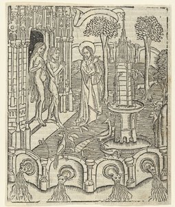 神はアダムとイブに楽園を示します 作： Master of Delft (attributed to)