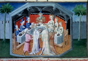 若いマルコ・ポーロ（1254-1324）の父であり叔父であるニコロとマッテオ・ポーロの兄弟は、クビライ（クビライ・ハーン、モンゴル元王朝（1215-1294）の最初の皇帝、1271年のモンゴル皇帝）の宮廷に迎えられました。 「」から取られたミニチュア 作： Master of Egerton