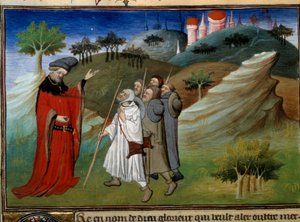 Des pelerins sur la route de la terre sainte ジョン (Jehan de Mandeville) (1300? - 1372) によって書かれた "" Voyages"" のミニチュア、1410 - 1412 年頃、写本コレクション (Ms 2810) から 、Folio 142v.) 「」Book of Wonders および