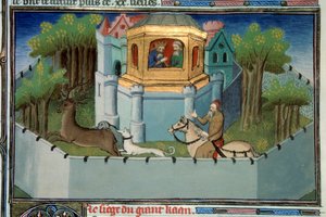 グラン・カーン・パレス・ペキン（北京） これらは、クビライ（クビライ・ハーン、モンゴル元王朝（1215-1294）の初代皇帝）またはジンギス・ハーン（1167-1227）です。狩猟シーン。 World””” Ms. 2810 Folio 197v enlumin 作： Master of Egerton