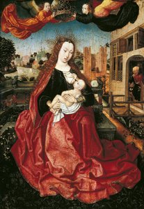 1490年代の2人の天使が戴冠したマドンナと子供 作： Master of Frankfurt