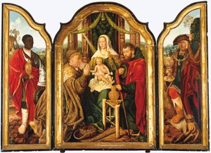 MelchiorがChrist Childに金を提供する聖家族
