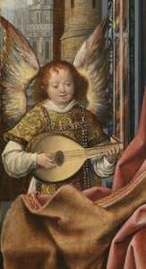 音楽を作る天使と聖家族の三連祭壇画。詳細：天使、約1510-1520年 作： Master of Frankfurt