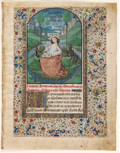 時間の書からのリーフ: パトモス島のジョン (2 つの切り取られたリーフのうちの 1 つ) 作： Master of Jacques de Luxembourg