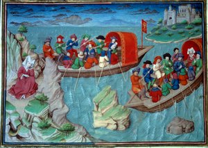 神聖帝国のフレデリック 2 世 (1194-1250) は、ジョヴァンニ ボッカチオ ディット ジャン ボッカチオ (1313-1375) のフランス語の写本から取られたミニチュア スイートを持ってシチリアを去りました。 マンセル。 1450.パー 作： Master of Jean Mansel