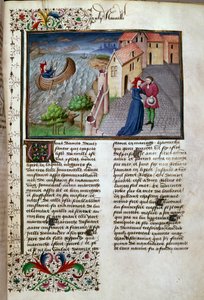 マンセルのマスターによって照らされた、イタリアの作家ジャン・ボッカチオ（1313-1375）のジョヴァンニ・ボッカチオによる「デカメロン」のフランス語の写本から取られた出発ページ。 1450. パリ、アーセナル図書館 作： Master of Jean Mansel