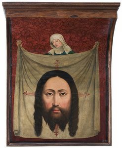 リューネンの祭壇の細部：聖ベロニカの汗拭き。およそ1470-90 作： Master of Liesborn