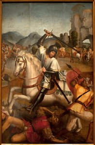 セント・ジャックの戦闘のレ・ムーア - 絵画の所有者 au maitre de Lourinha、木に油彩、1520年頃 (ルーリーニャのトル・マスターによるムーア人と戦うセント・ジェームズ、パネルに油彩、1520年頃) - リスボン古代芸術博物館 (ポルトガル) 作： Master of Lourinha