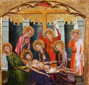 ルビオの巨匠（14世紀）による「墓の中のデポジション」 サンタ・マリア・ルビオ教会の祭壇画のプレデラ、木に描かれています。 作： Master of Rubió