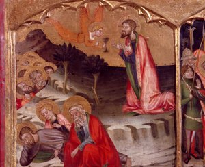 オリーブの園のキリスト、天使が聖体を抱いている、ルビオの巨匠（14世紀）、ルビオのサンタ・マリア教会の祭壇画のプレデラ、木に描かれている。