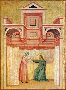 夫のヴァレリアンを洗礼に説得するセシリア、1304年頃の聖セシリアの伝説を描いた祭壇画の詳細、聖セシリアのマスター（14世紀初頭に活動）、パネルにテンペラ、金箔の刻印、85x181 cm