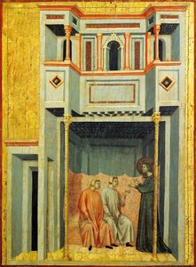 ティブルシオを変換する聖セシリアとバレリアン、1304年頃、聖セシリアのマスター（14世紀初頭に活動）による聖セシリアの伝説を描いた祭壇画の詳細、パネルにテンペラ、金箔の刻印、85x181 cm