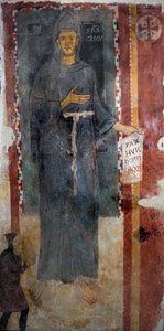 アッシジの聖フランソワ（1181-1226）の表現 この作品は、聖人が生きている間に処刑された最初の表現であることは間違いなく、汚名もアウレオールもなく表現されています。聖フランソワは紙を持ち、ラテン語で「Pax huic Domui」（平和）と書かれています。 作： Master of Saint Francis of Assisi