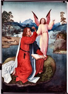 聖ヨハネ伝道者の生涯のエピソード: ““ Saint John a Patmos”” (Life of St John evangelist, St John in Patmos) San Giovanni evangelista (聖ヨハネ伝道者) の巨匠による絵画 (15 世紀末) Dim 120x90 cm Genes、Musei di Strada Nuo 作： Master of Saint John Evangelist