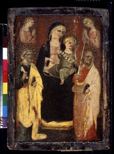 「マドンナとチャイルド エンスローニング ウィズ セント ピーター アンド ポール」 (Madonna and Child Enthroned with Saints Peter and Paul) ムチアーノのサン ヤコポの巨匠による木版画 (15 世紀) プーシキン美術館、モスクワ 作： Master of San Jacopo a Mucciana