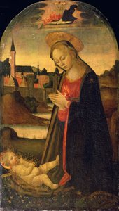 子を抱く聖母、川の向こうの町 1478年頃（パネルに油彩 作： Master of San Miniato