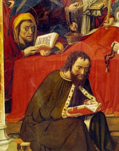 聖母の死 2人の聖人が祈りを読んでいる様子を描いたディテール。一人は眼鏡をかけ、もう一人は場外でロザリオを手にしています。サンタ・マリア・デル・カンポの巨匠による絵画（15世紀）リヨン、美術館 作： Master of Santa Maria del Campo