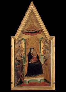 聖パウロ、聖ペテロ、4人の天使の間で威厳を放つ聖母 サンタ・マリアの巨匠の祭壇画（14世紀）。薄さ0.28×0.58m アヴィニョン、ペトロ・パレ美術館 作： Master of Santa Maria di Castello