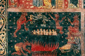 聖ミカエルのサイン。地獄のディテール。ソリゲローラの巨匠による絵画（13世紀中頃）。木にテンペラ。バルセロナ、カタルーニャ国立美術館。 作： Master of Soriguerola