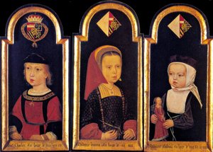 カール大公、後の神聖ローマ皇帝カール 5 世と、2 歳の妹のエレノアとイザベラ、1502 年 作： Master of St.Georgsgilde