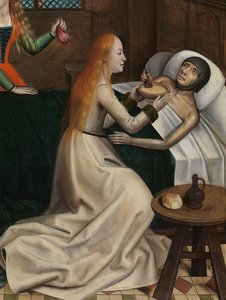 Detalhe da Caridade de São Nicolau, do Retábulo de São Nicolau, c.1486-93 (óleo sobre painel)