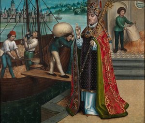 穀物の奇跡、聖ニコラスの祭壇画、1486〜93年頃（パネルに油彩） 作： Master of The Legend of St. Lucy