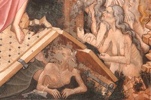 「復活」と「リンボへの降下」、「リンボへの降下」の詳細：地獄の門と地上の悪魔の姿、1420年頃（フレスコ画） 作： Master of Vignola
