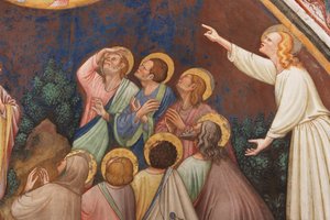 「キリストの昇天」、男性像と聖人の詳細、1420年頃（フレスコ画） 作： Master of Vignola