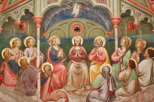 「ペンテコステ」、祈る聖人と聖母マリア、鳩の詳細、1420年頃（フレスコ画）