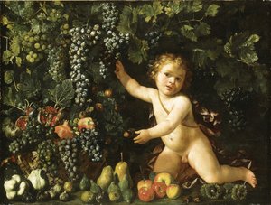 つるのブドウ、ザクロ、ブドウ、ローズヒップ、バスケット、イチジク、リンゴ、梨、栗 作： Master of the Acquavella Still Life