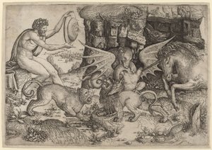 寓意的なテーマ: 動物の戦闘 作： Master of the Beheading of St. John