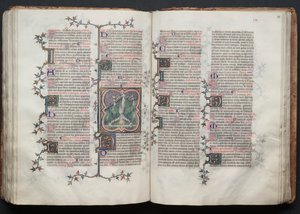 ゴータ・ミサ典書: Fol. 117v、十字架に逆さまに縛られた聖ペテロ、c。 1375年。