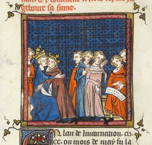 フィリップ・アウグストゥスとイギリスのジョン王が平和を築いている、「Grandes Chroniques de France ou de St Denis」のイラスト