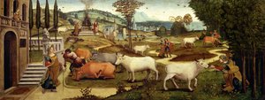 テセウスの物語からのクレタ島のミノス王の妻パシファエの情熱（パネルに油彩） 作： Master of the Campana Cassoni