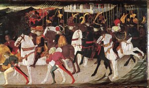 Decameron de Boccaccio (Jean Boccaccio): Story of Alatiel, daughter of the sultan of Babylon Beminedab, detail representing horsemen and pages (Story of Alatiel daughter of Beminedab, the Sultan of Babylon, riders and pages)(2日目の7番目のニュース) Wo