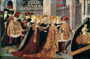 Decameron de Boccaccio (Jean Boccaccio): the Chatelain Periconeは、マヨルカ島でバビロンのスルタンBeminedabの娘Alatielとそのスイートを歓迎する（Pericone da Visalgo welcoming Alatiel daughter of Beminedab, the Sultan of Babylon, on hi. 作： Master of the Cassoni