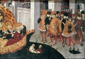 Decameron de Boccaccio (Jean Boccaccio): the Chatelain Periconeは、マヨルカ島でバビロンのスルタンBeminedabの娘Alatielとそのスイートを歓迎する（Pericone da Visalgo welcoming Alatiel daughter of Beminedab, the Sultan of Babylon, on hi. 作： Master of the Cassoni