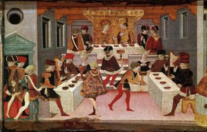 Decameron de Boccaccio（Jean Boccaccio）：マヨルカ島でバビロンのスルタンBeminedabの娘Alatielとそのスイートを歓迎するためにChatelain Periconeが主催した宴会（Banquet hosted by Pericone da Visalgo to welcome Alatiel daughter o 作： Master of the Cassoni